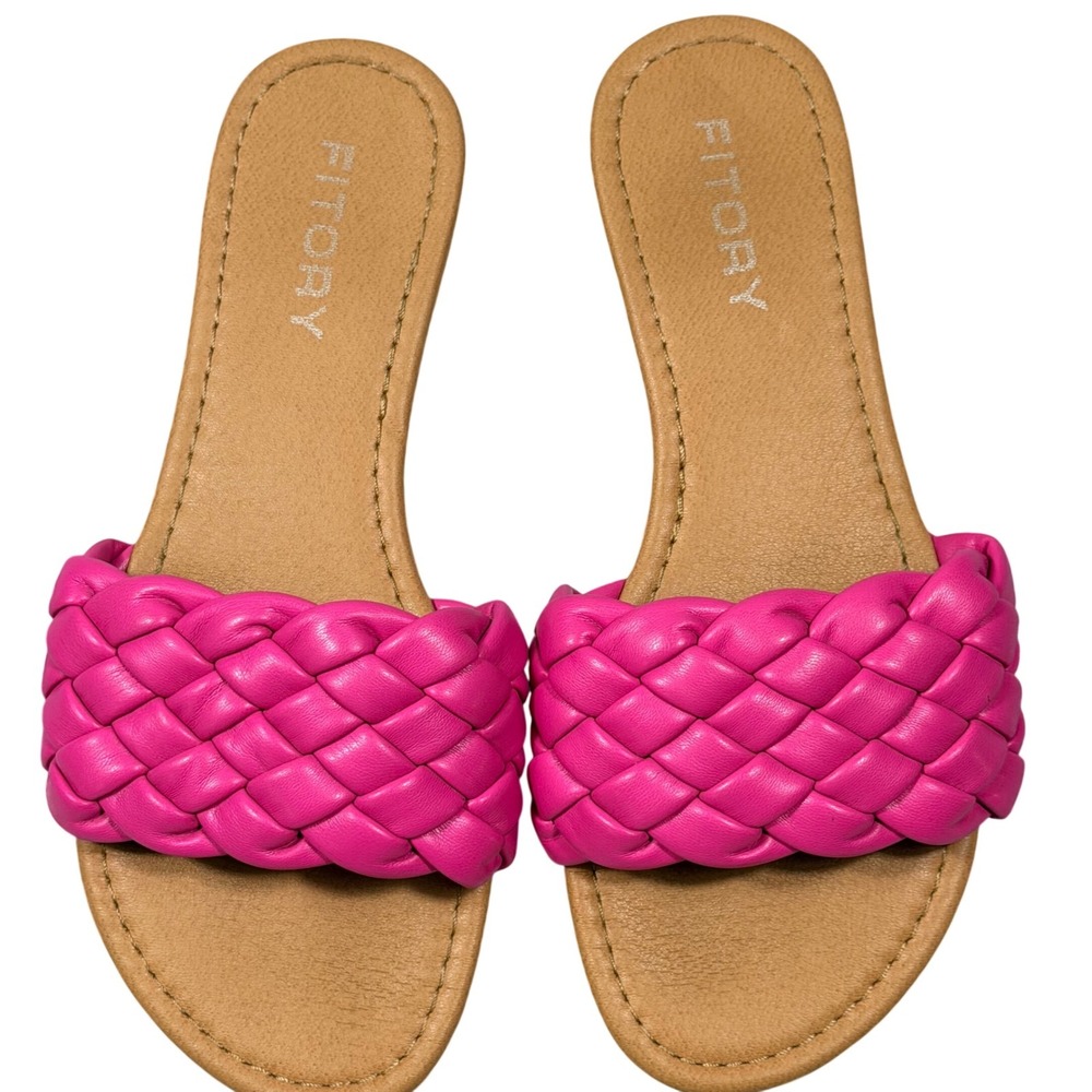 Fitory Braided Slide Sandals Womens 8 Pink Faux Leather Flat Padded Strap Summer